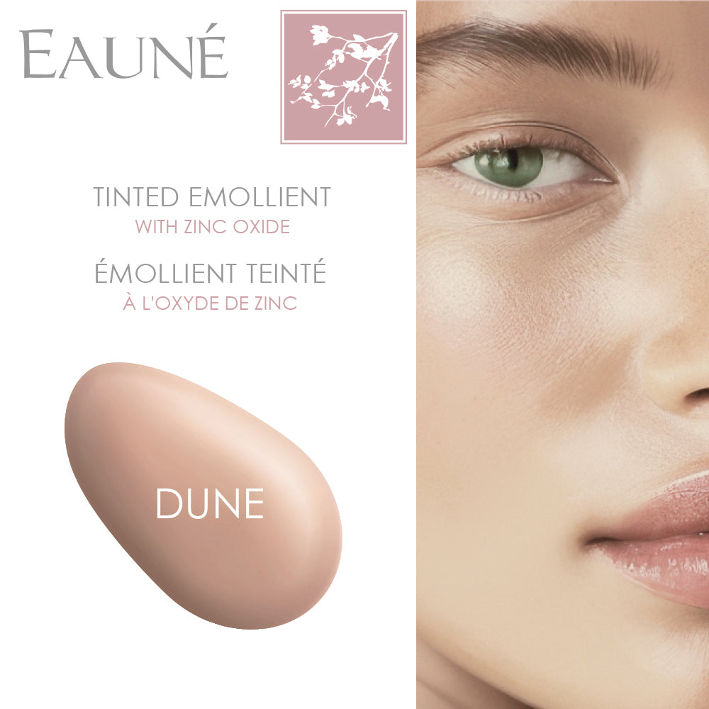 Eauné Tinted Emollient with a close-up of a person's eye and product sample.
